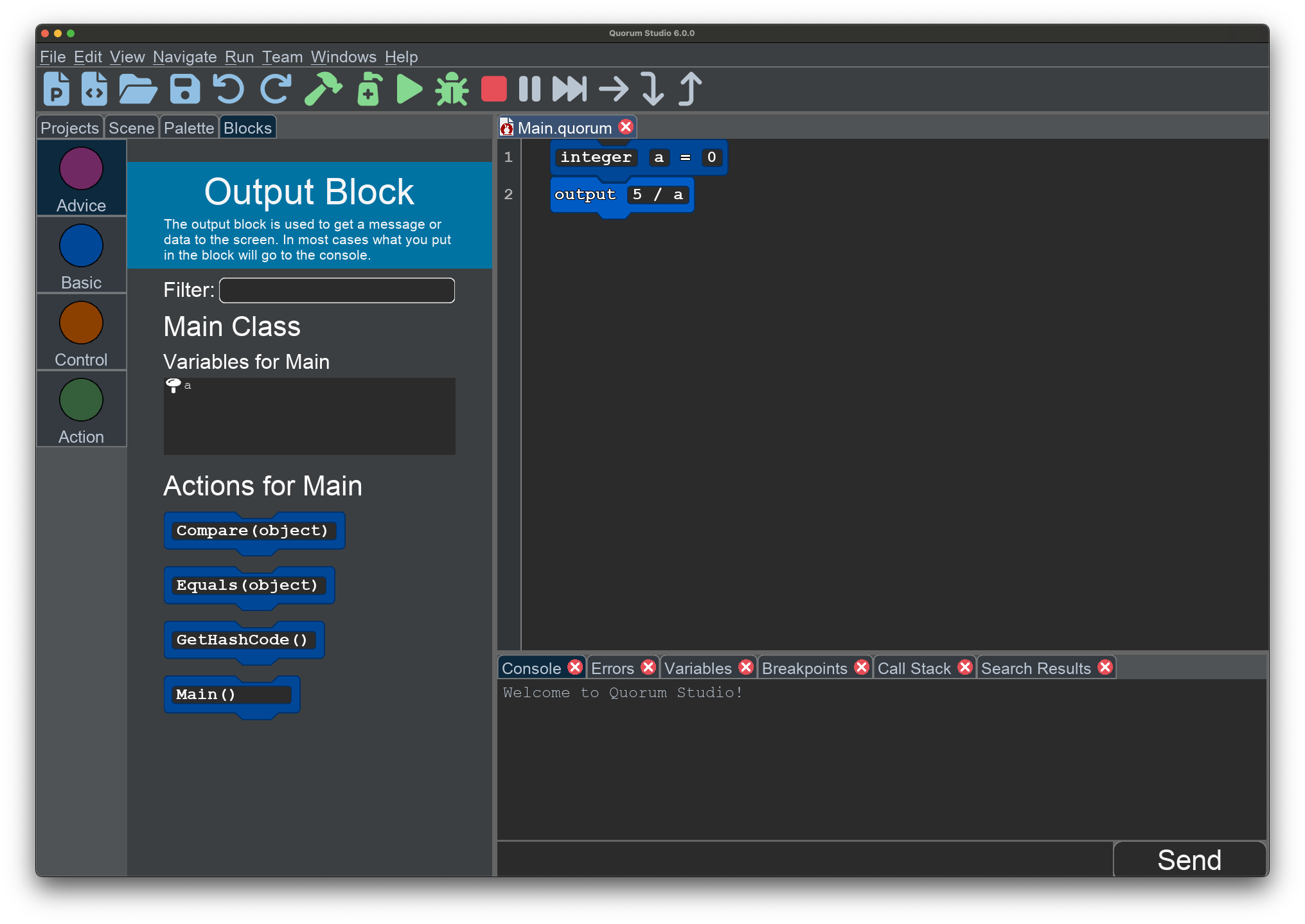 This shows an image with the following code:

integer a = 0
output 5 / a

In this case, the left hand side of the palette shows information about the output block, which has the focus.